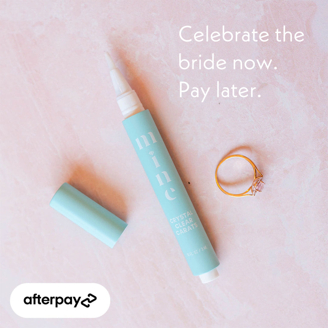 Crystal Clear Carats Ring Cleaner Pen with Engagement Ring and Afterpay button announcing Afterpay with The Mine Company